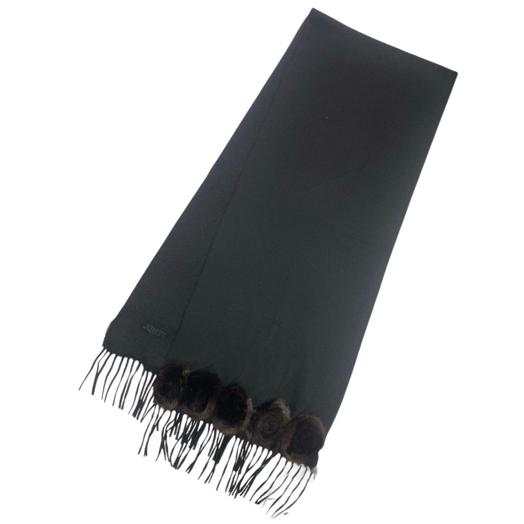 Fendi Scarf Large Shawl Cashmere Silk Fur Embroidery Logo Fringe Black — view 3