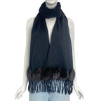Fendi Scarf Large Shawl Cashmere Silk Fur Embroidery Logo Fringe Black