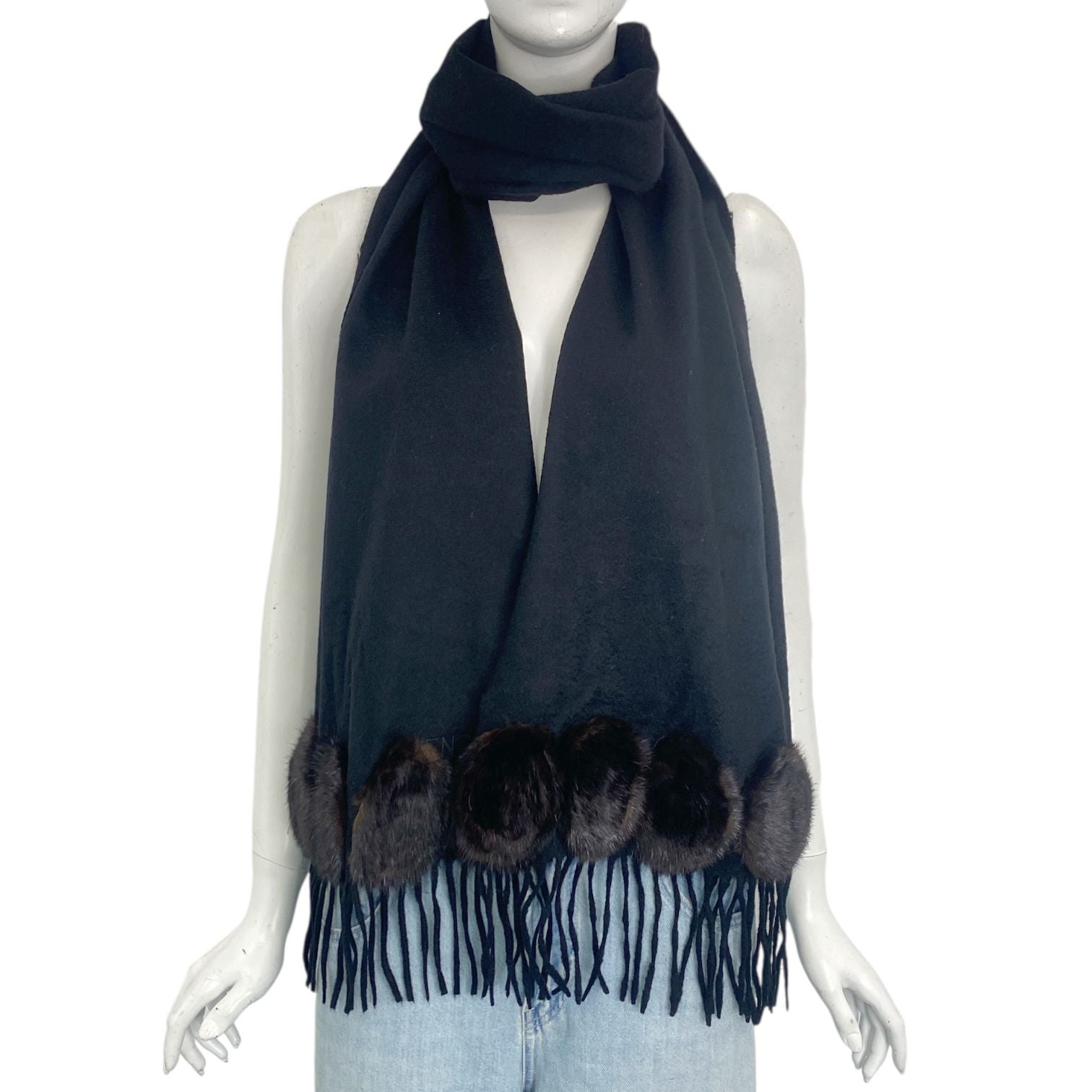 Fendi Scarf Large Shawl Cashmere Silk Fur Embroidery Logo Fringe Black