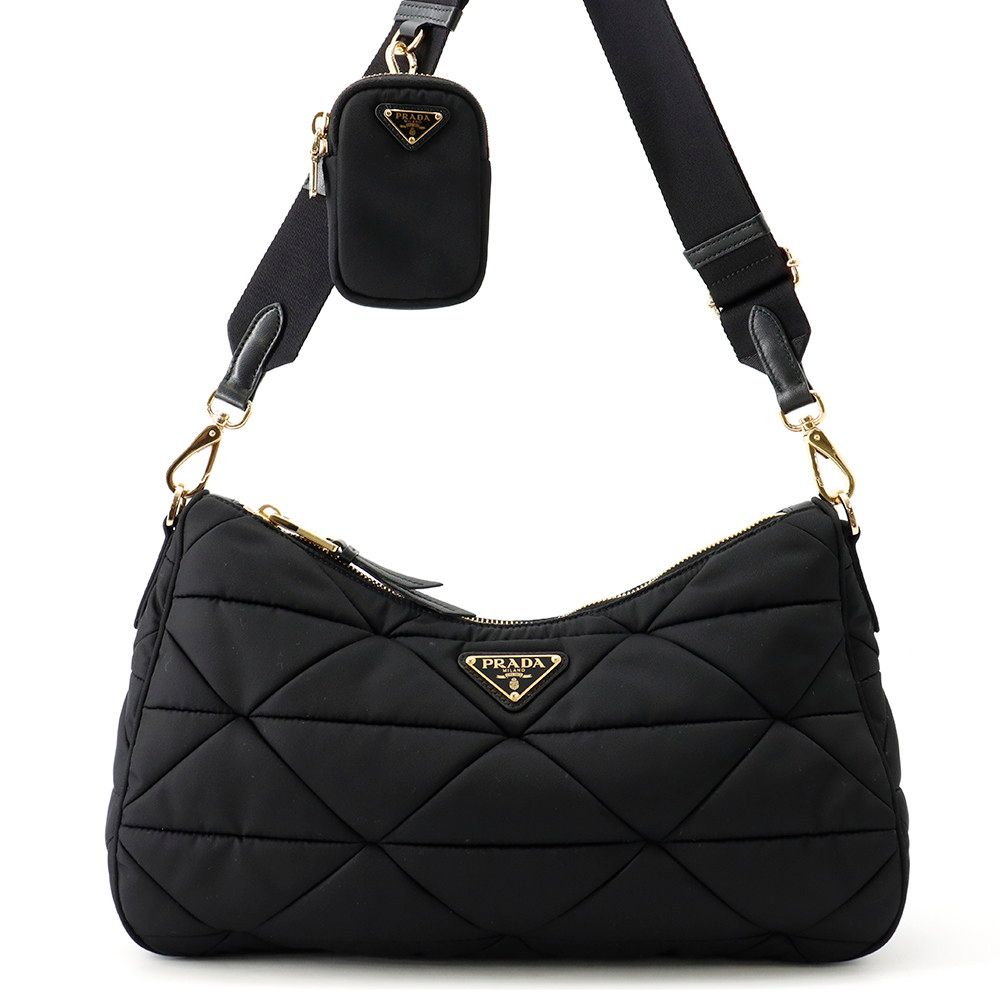 Prada Shoulder Bag Quilted Triangle Logo Nylon Black