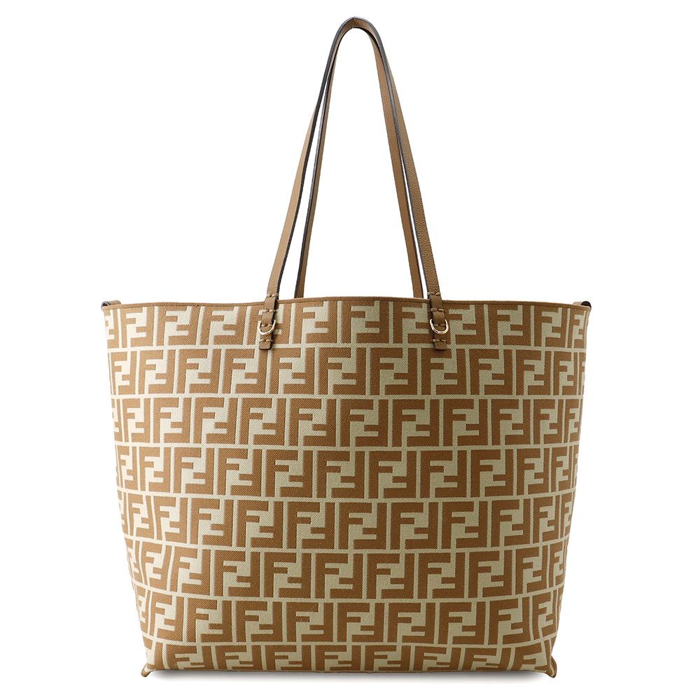 Fendi Tote Pecan Roll Reversible FF Motif Stripe Canvas Leather