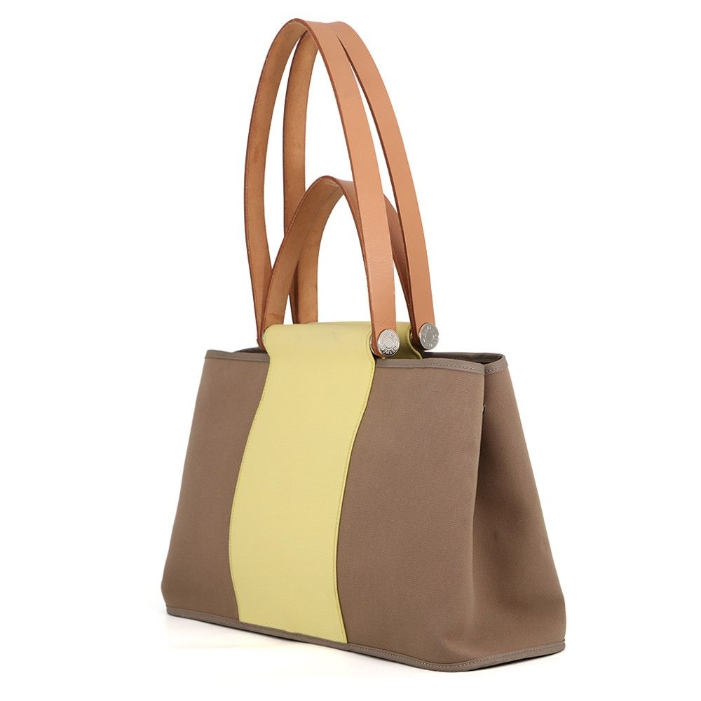 Hermes Tote Kaback PM Etoupe Yellow Silver Toile Officier Leather — view 2
