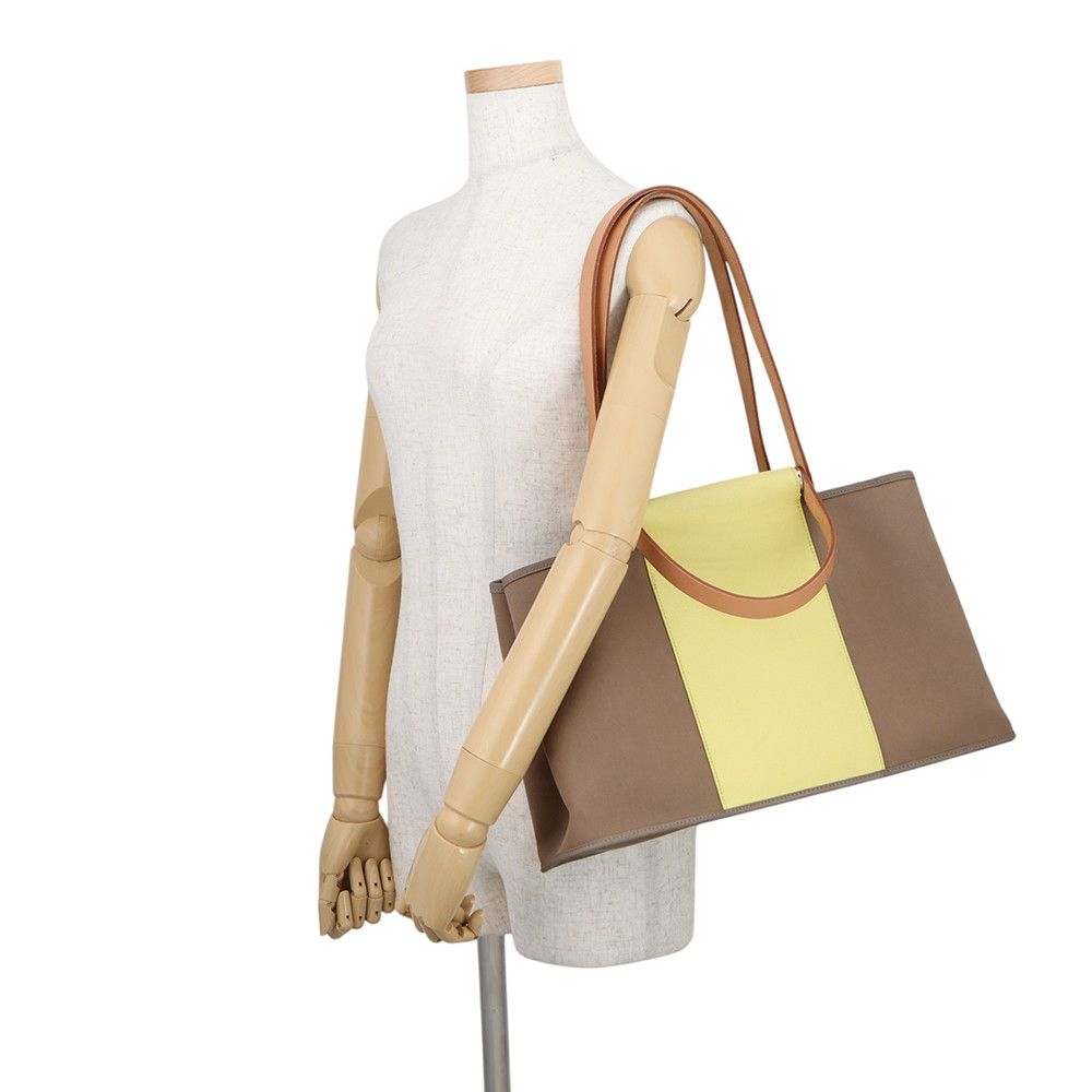 Hermes Tote Kaback PM Etoupe Yellow Silver Toile Officier Leather — view 5