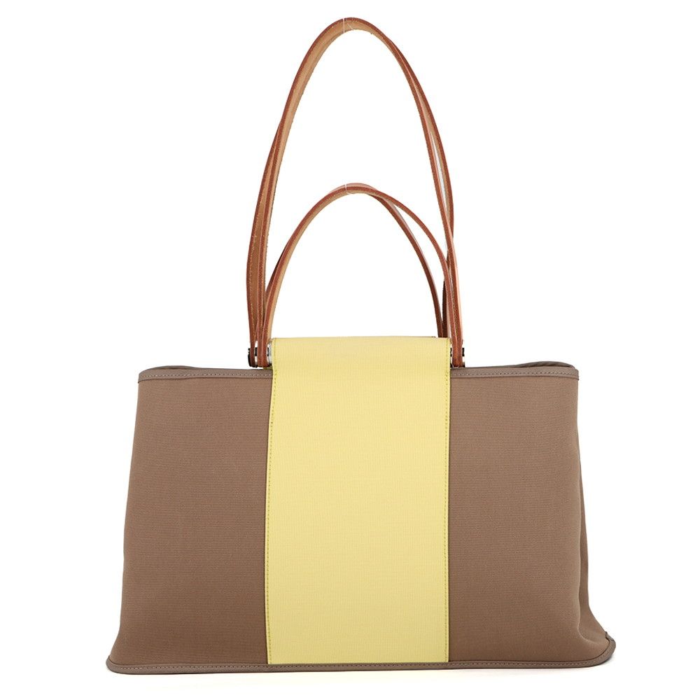 Hermes Tote Kaback PM Etoupe Yellow Silver Toile Officier Leather