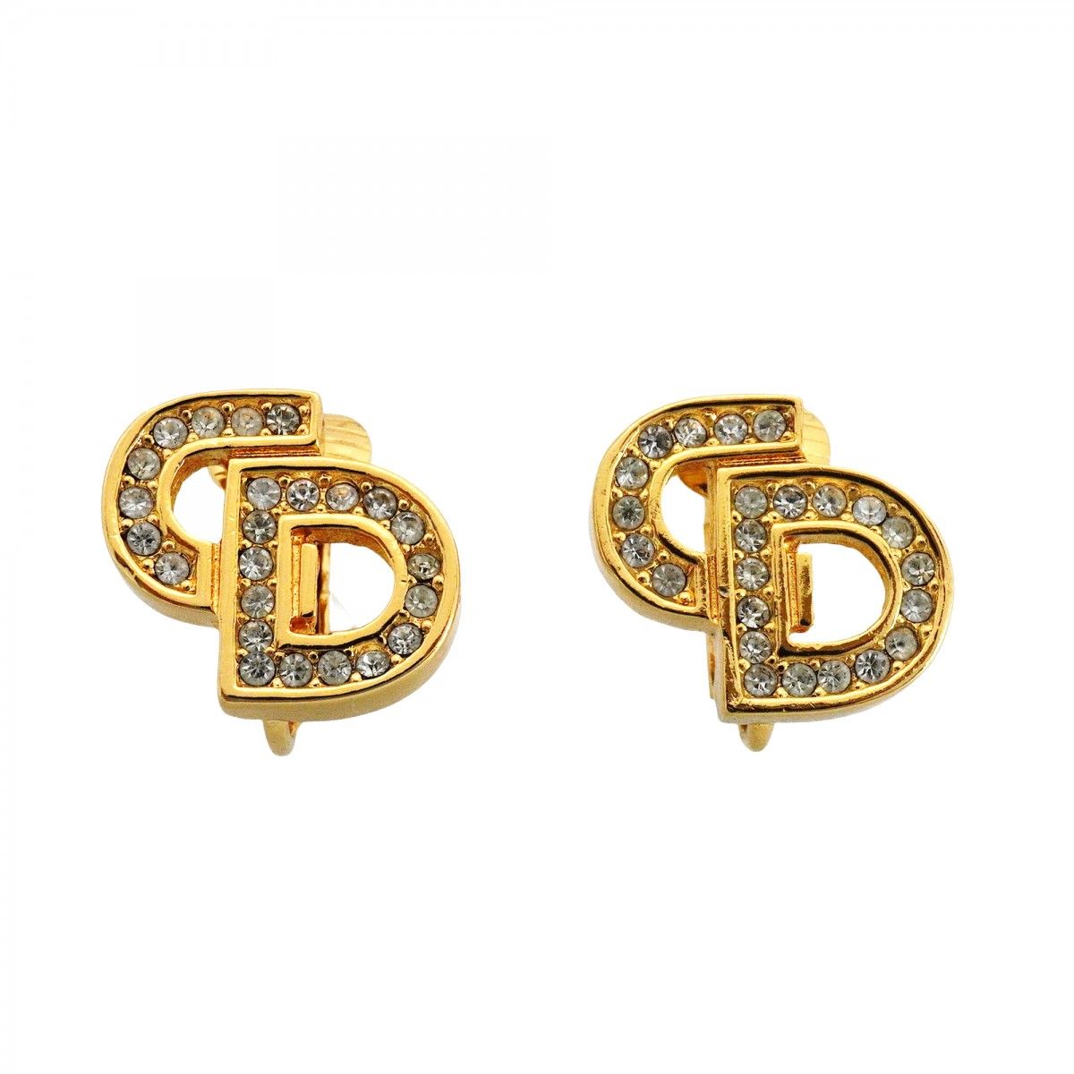 Dior Earrings CD Logo Gold Plated Rhinestone