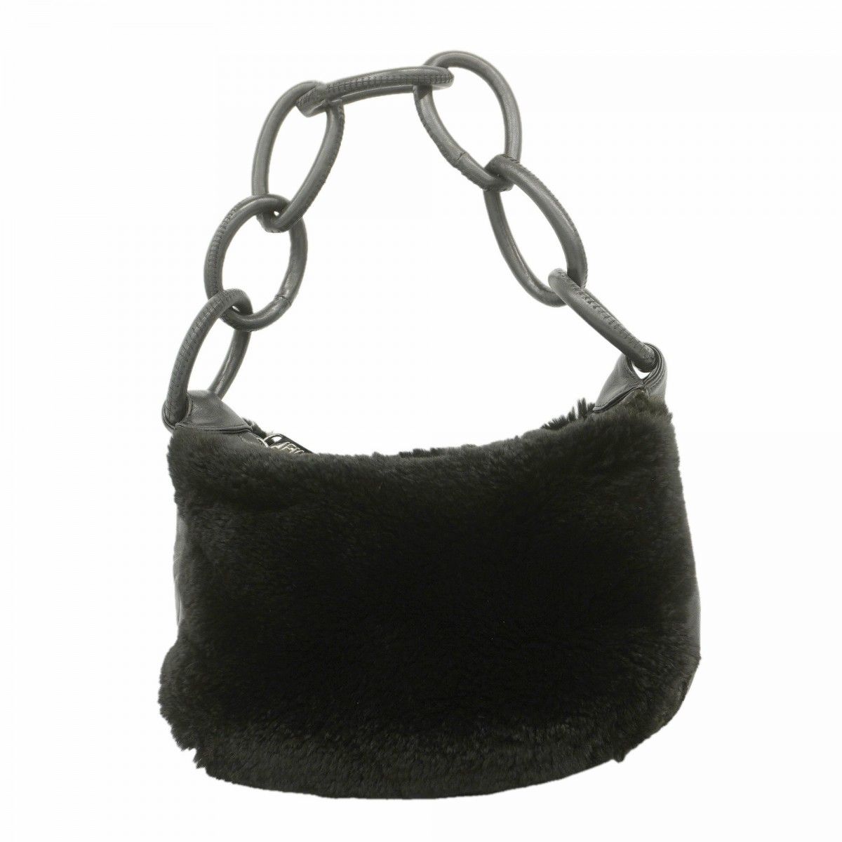 Chanel Shoulder Bag Leather Fur Black Silver