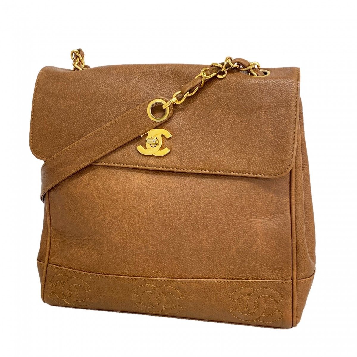 Chanel Shoulder Bag Triple Coco Caviar Leather Brown Gold