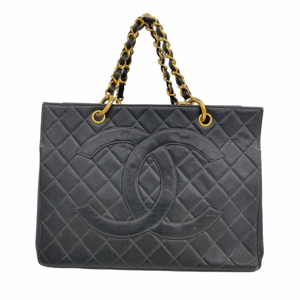 Chanel Chain Tote Quilted Caviar Leather Black Gold