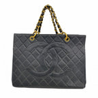 Chanel Chain Tote Quilted Caviar Leather Black Gold