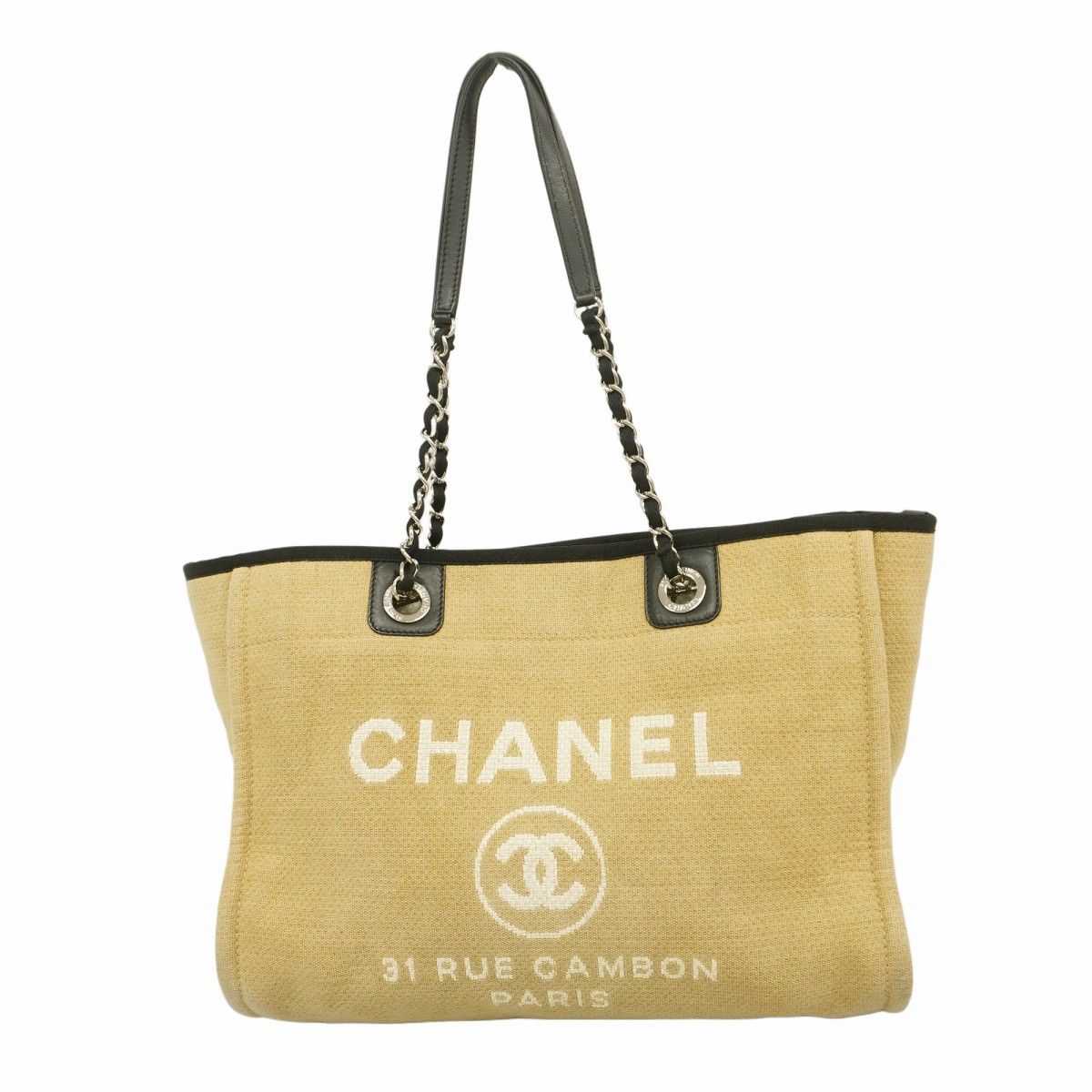 Chanel Chain Tote Deauville Canvas Beige Silver