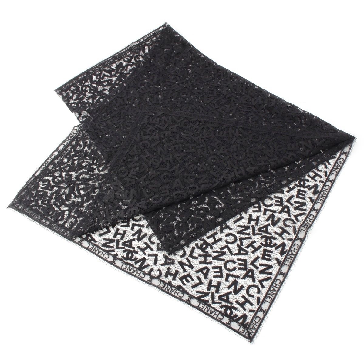 Chanel Cotton All Logo Lace Shawl Black Scarf — view 2