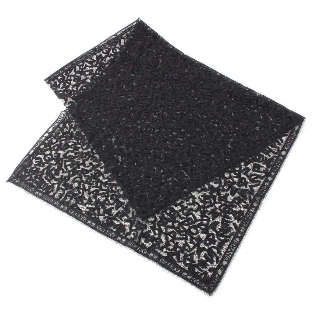 Chanel Cotton All Logo Lace Shawl Black Scarf