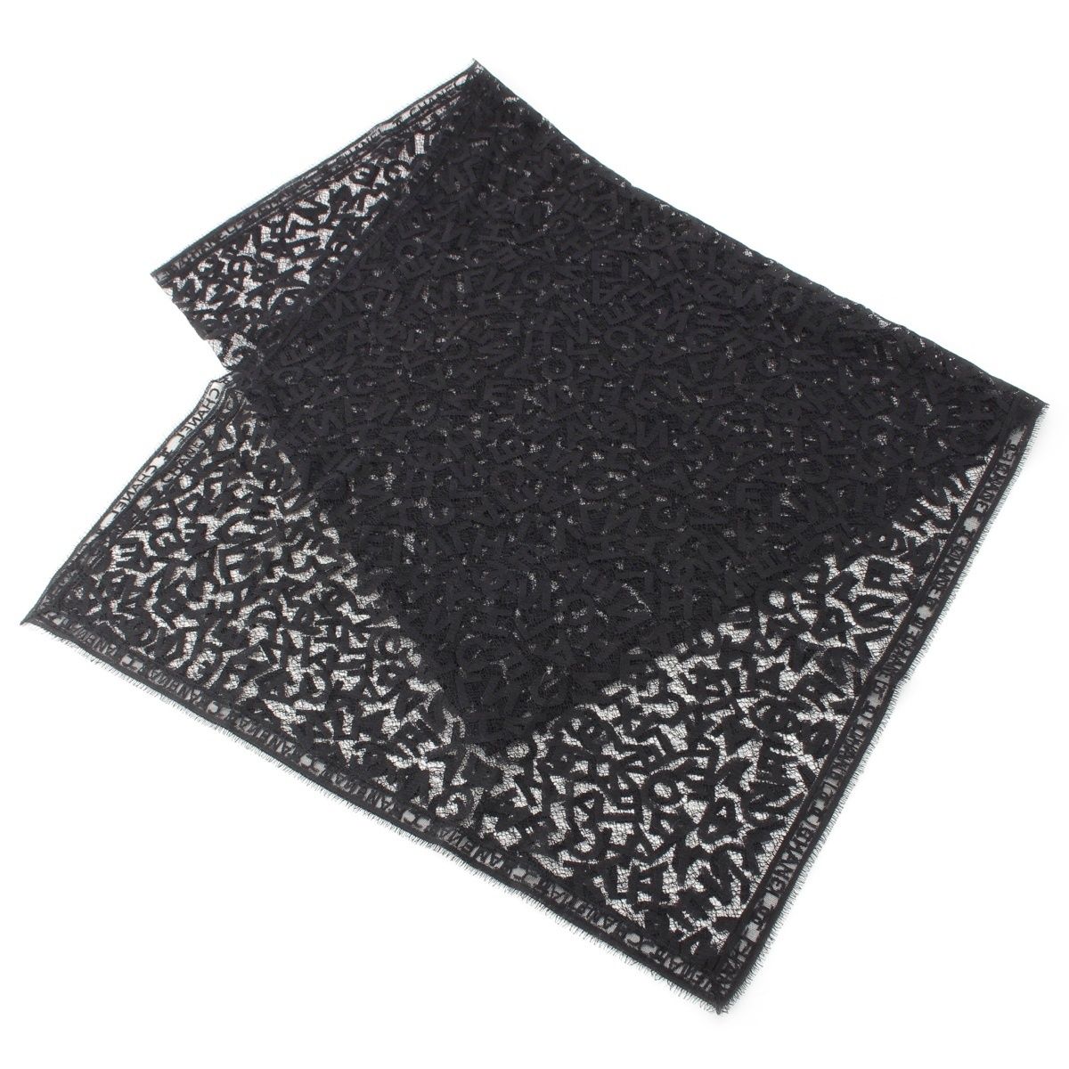 Chanel Cotton All Logo Lace Shawl Black Scarf