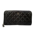 Chanel Wallet Quilted Black Silver Zip Around Lambskin
