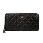 Chanel Wallet Quilted Black Silver Zip Around Lambskin
