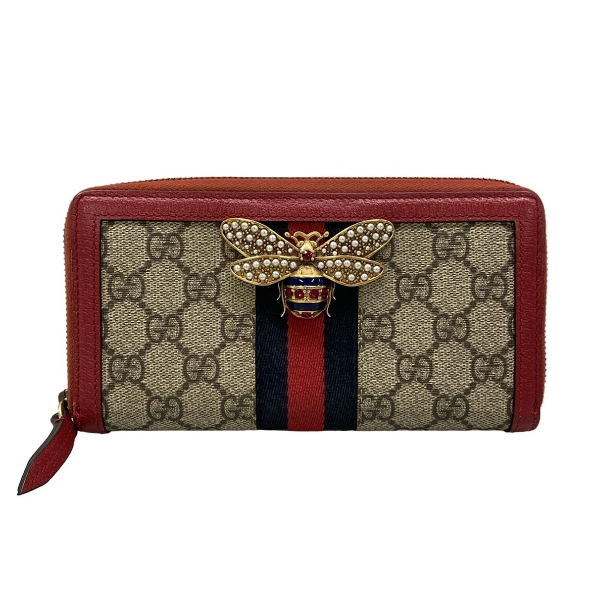 Gucci Wallet Queen Margaret Dark Brown Red Multi Zip Around Bee Leather