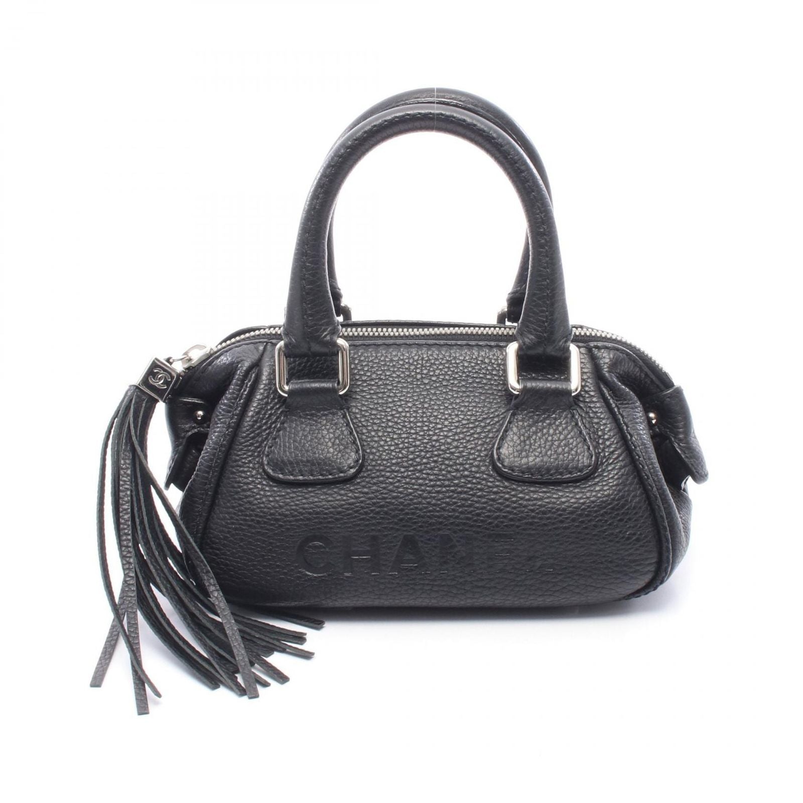 Chanel Handbag Logo Black Leather Fringe Mini