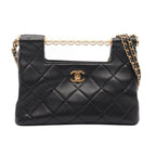 Chanel Shoulder Bag Quilted Pearl Handle 2-Way Black Lambskin Small Shopping