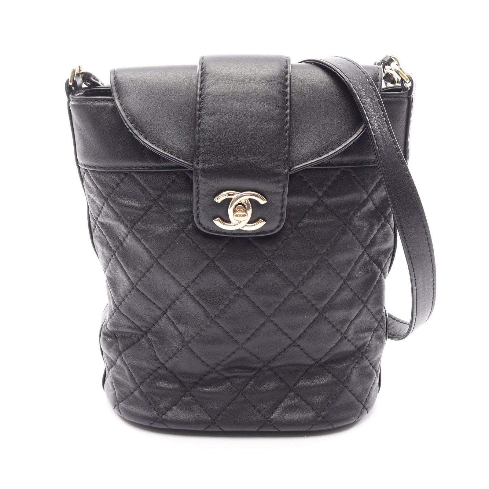 Chanel Shoulder Bag Quilted Bucket Black Leather Chain