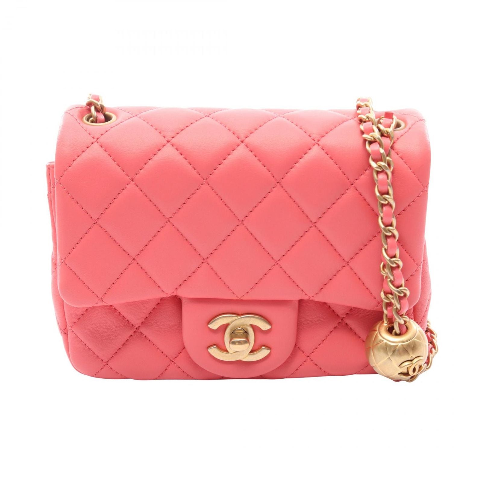 Chanel Shoulder Bag Quilted Coral Pink Lambskin Mini Chain