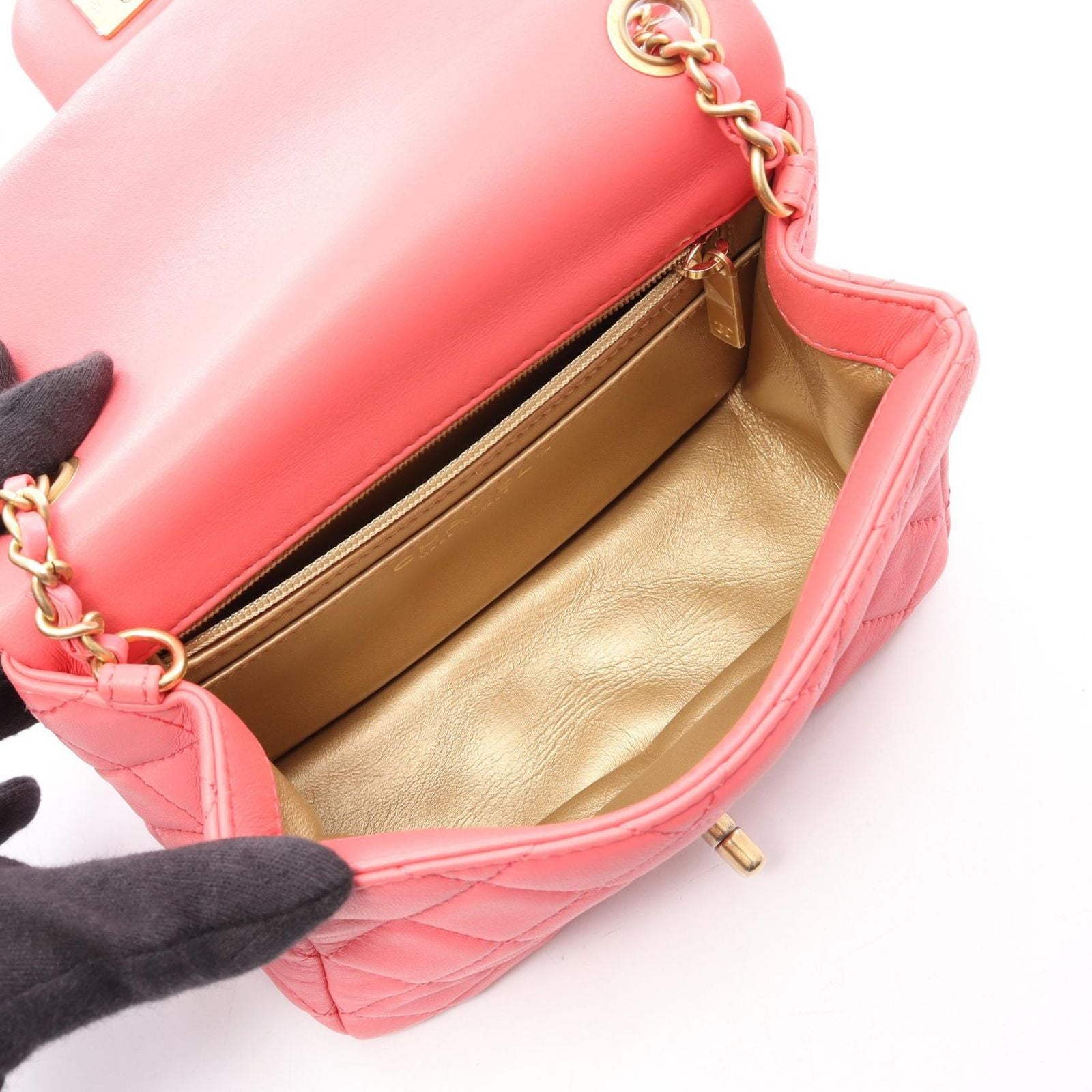 Chanel Shoulder Bag Quilted Coral Pink Lambskin Mini Chain — view 3