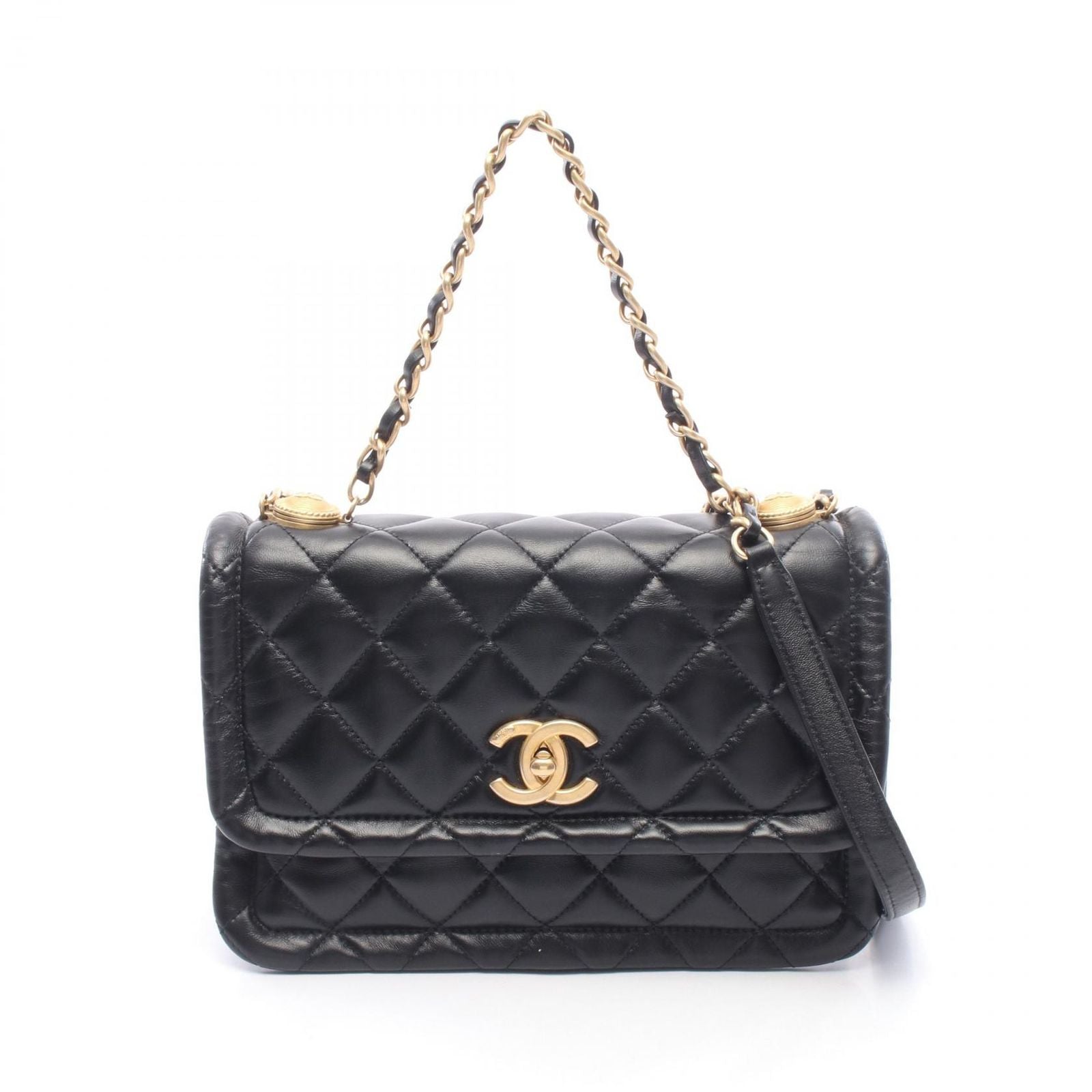 Chanel Shoulder Bag Quilted Black Lambskin 2-Way Chain
