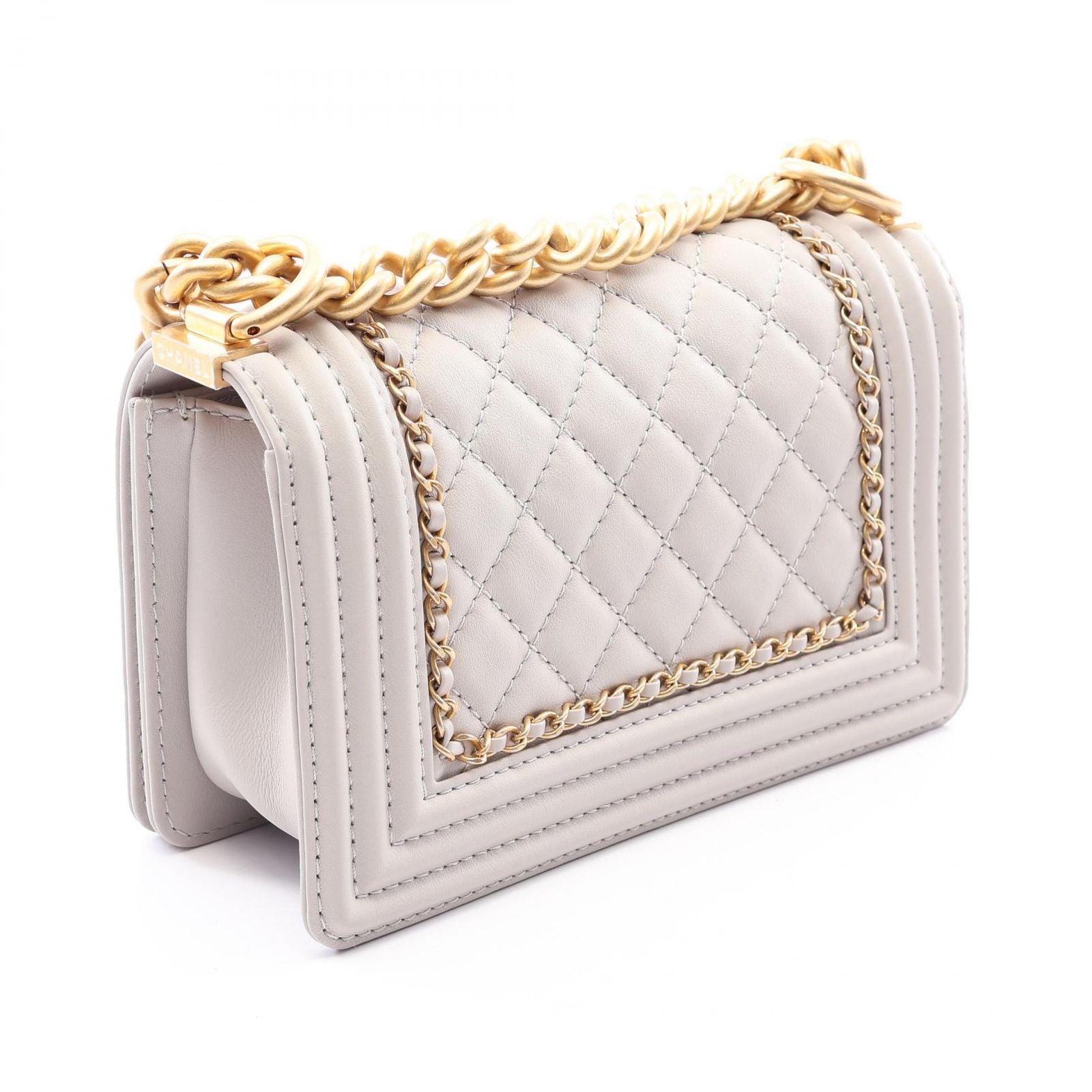 Chanel Shoulder Bag Boy Small Light Gray Leather Chain — view 2