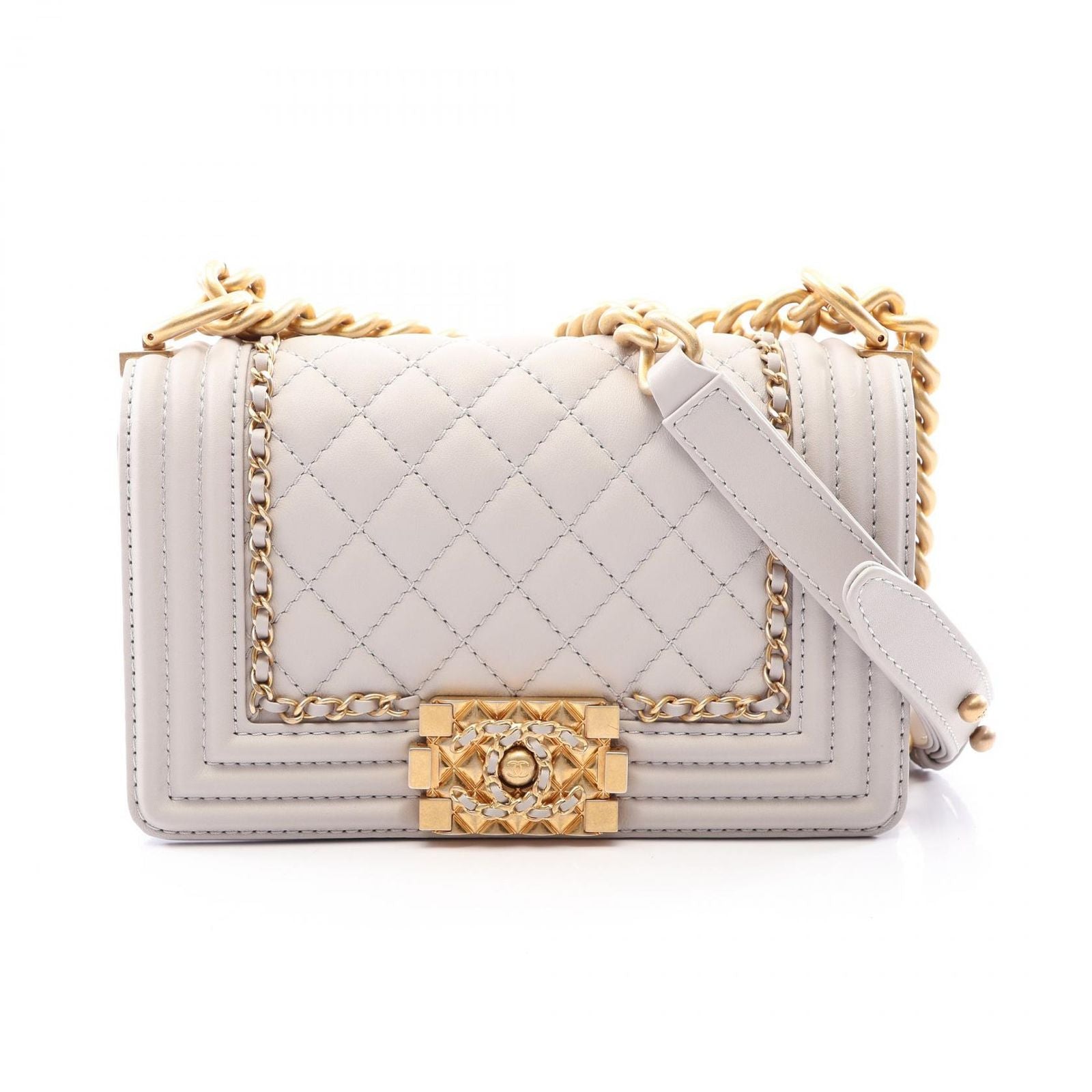 Chanel Shoulder Bag Boy Small Light Gray Leather Chain
