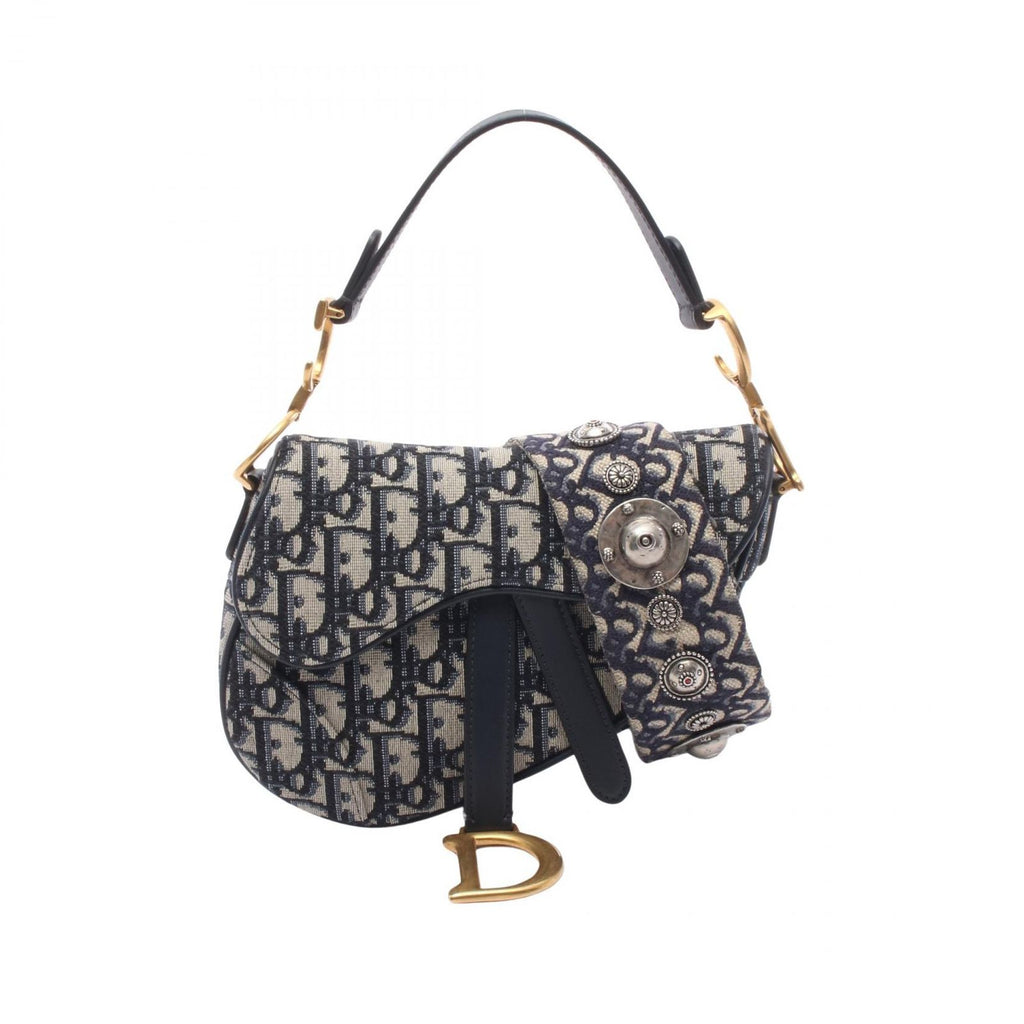 Dior Saddle Bag Mini Oblique 2-Way Navy Canvas Leather