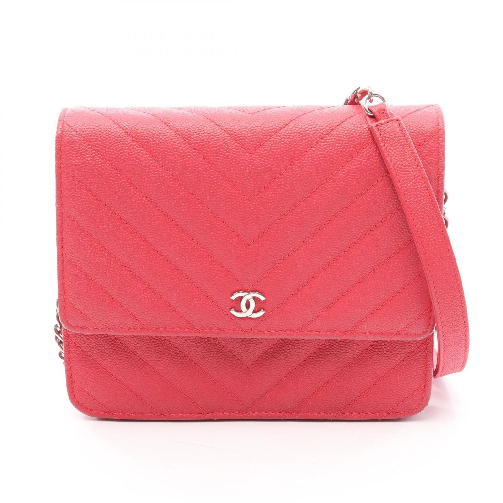 Chanel Shoulder Bag Blanc Stitch Chain Wallet Red Calf