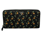 Prada Wallet Black Orange Green Zip Around Palm Tree Pattern Leather