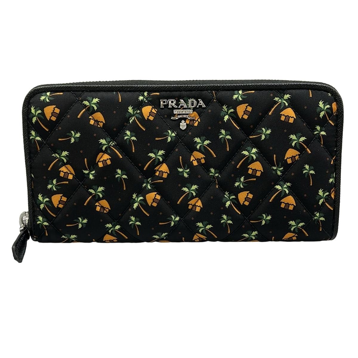 Prada Wallet Black Orange Green Zip Around Palm Tree Pattern Leather