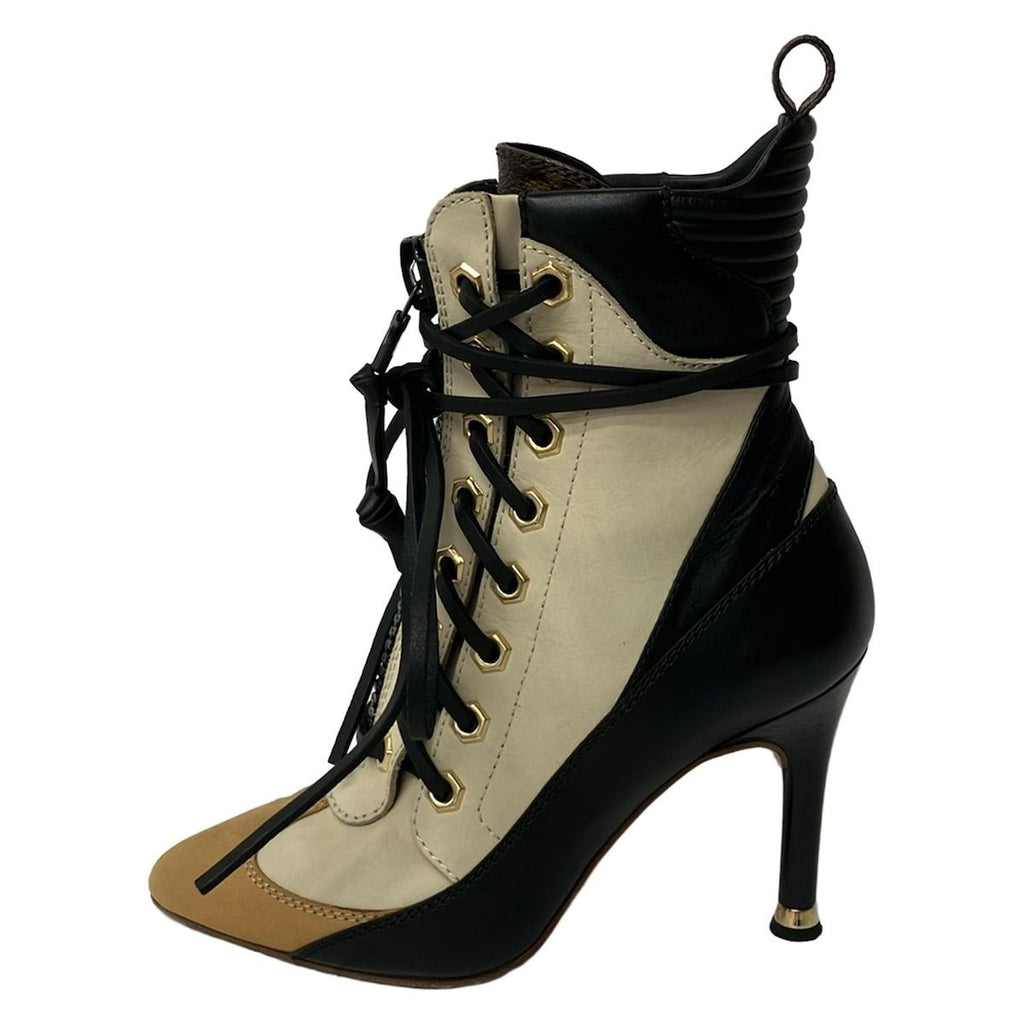 Louis Vuitton Short Boots 36 Beige Black Light Brown Lace Up Zip Up Leather