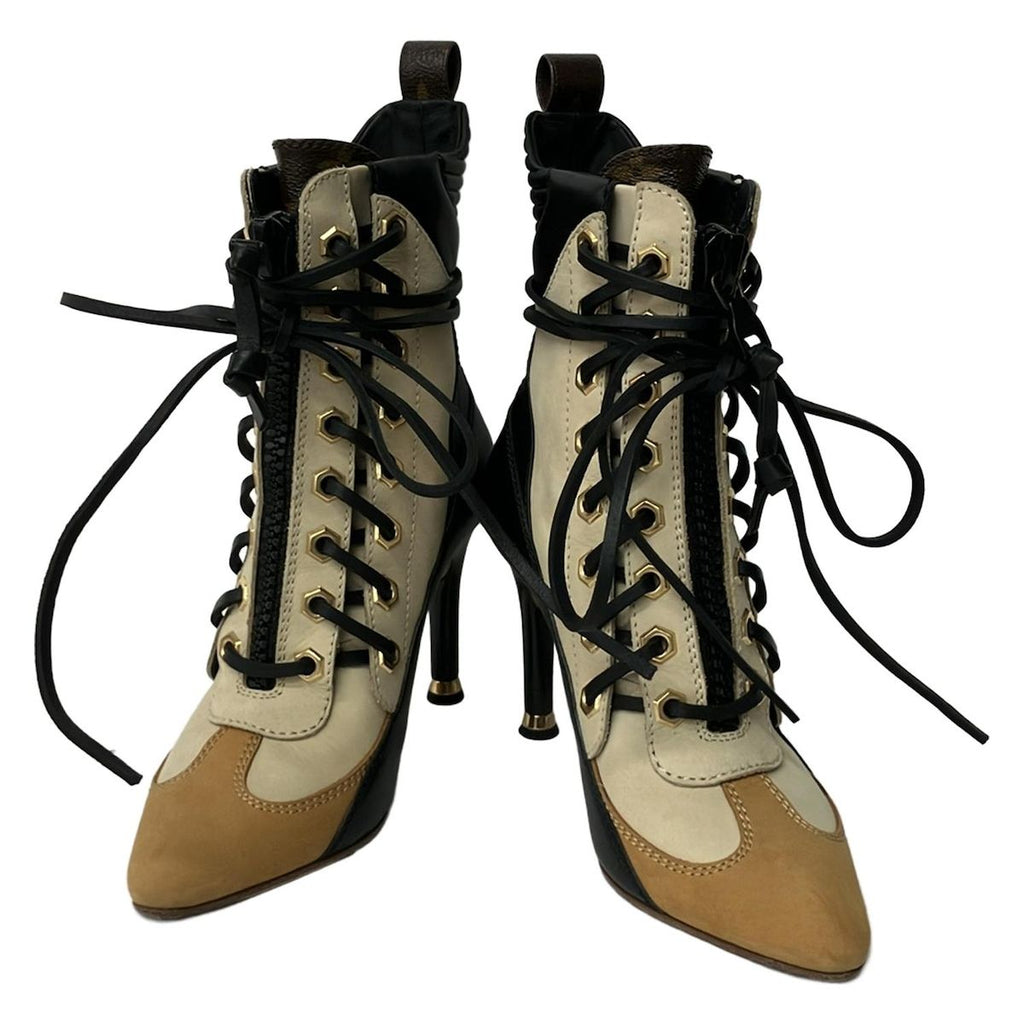 Louis Vuitton Short Boots 36 Beige Black Light Brown Lace Up Zip Up Leather — view 2