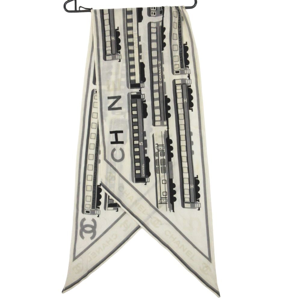Chanel Scarf CC Logo Silk Train Off White Gray — view 2