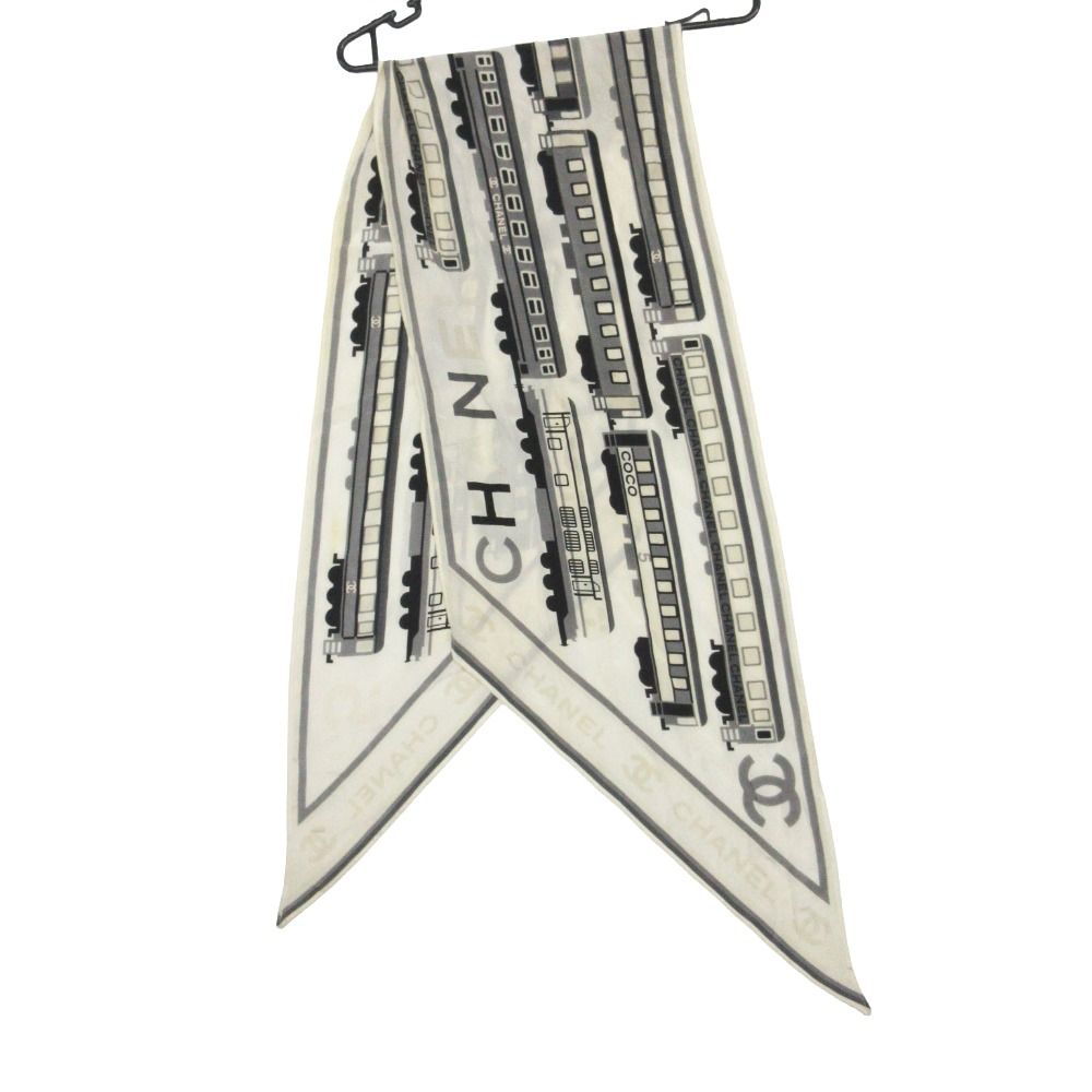 Chanel Scarf CC Logo Silk Train Off White Gray