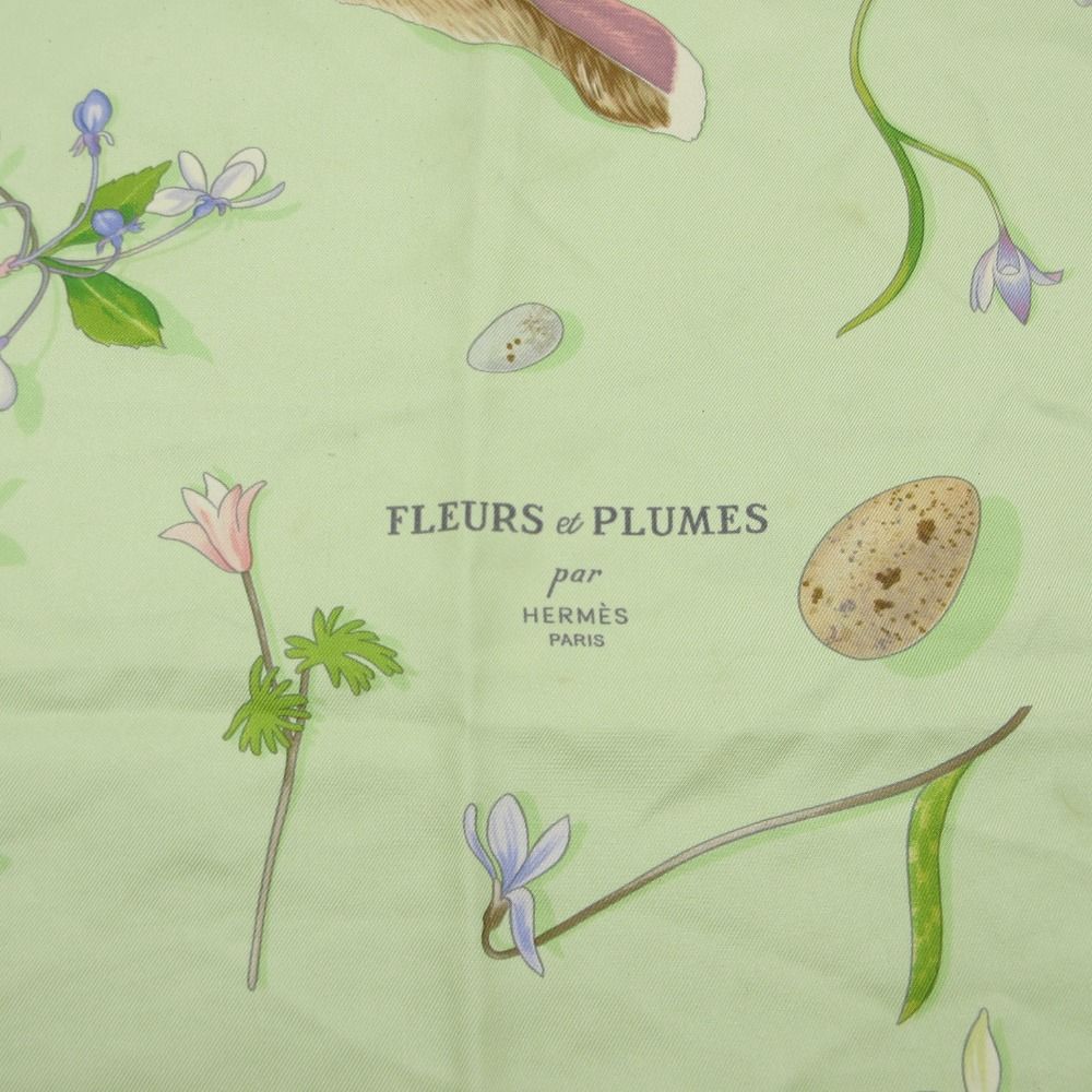 Hermes Scarf Carre 90 Silk Fleur Et Plume Floral Feather Green — view 2