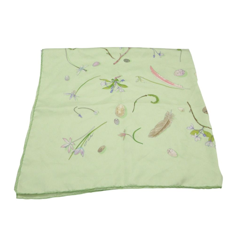 Hermes Scarf Carre 90 Silk Fleur Et Plume Floral Feather Green
