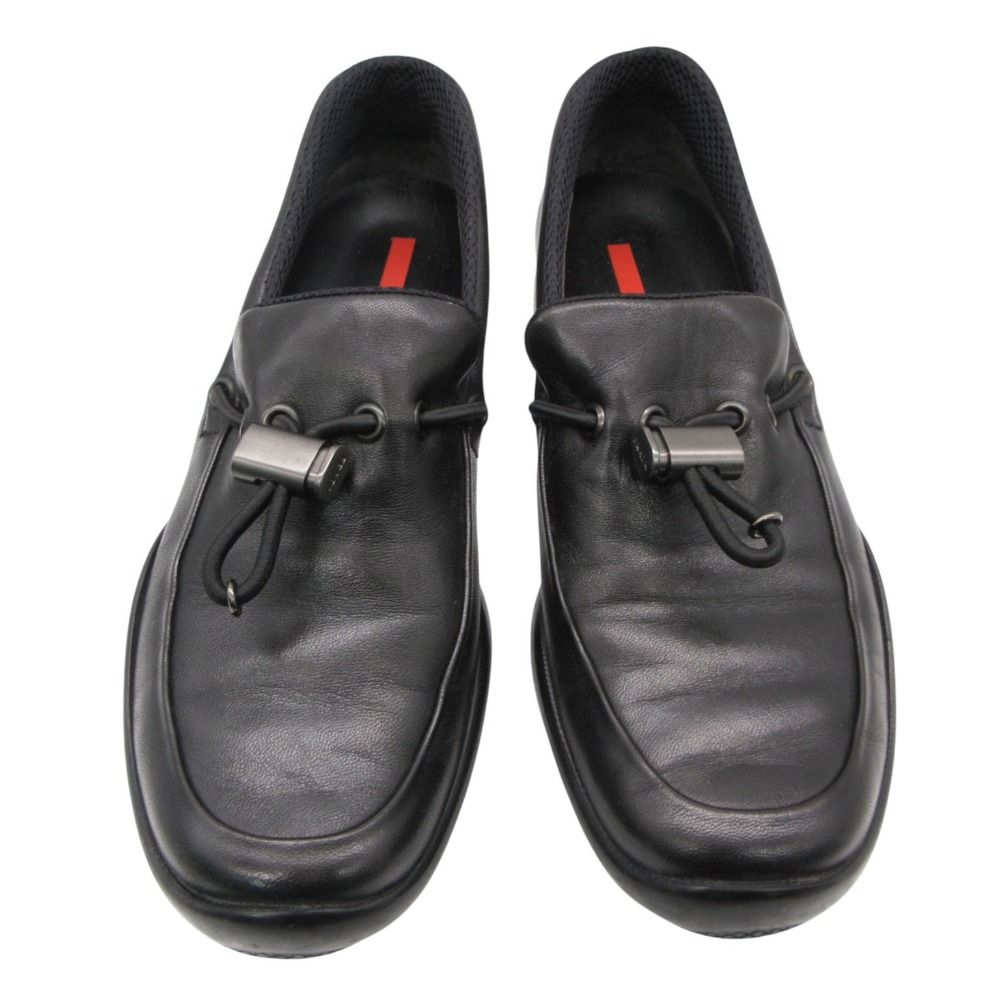 Prada Sports Loafers Leather Slip on with Drawcord Archive Shoes Black — view 5