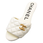 Chanel Mules Quilted Lambskin Leather Sandals CC Gold CC Logo Shoes White