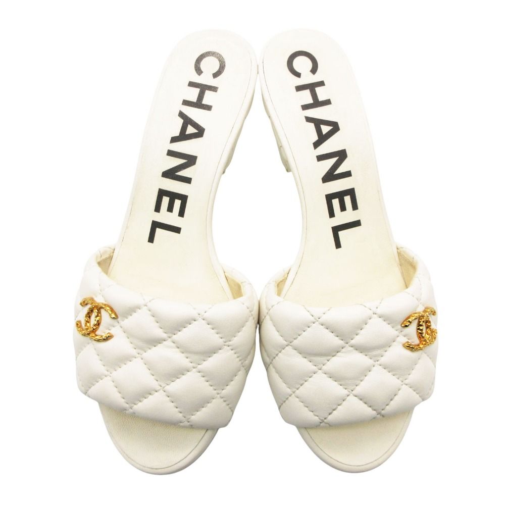 Chanel Mules Quilted Lambskin Leather Sandals CC Gold CC Logo Shoes White — view 5