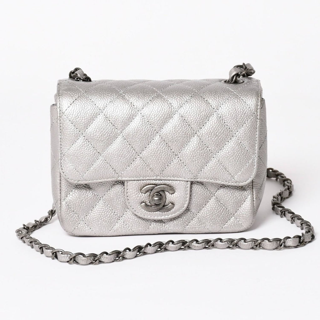 Chanel Mini Quilted 17 S Flap S Chain Shoulder Bag CC Logo Caviar Leather Silver