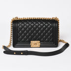 Chanel Boy 25 Medium Chain Shoulder Bag CC Logo Caviar Leather Black