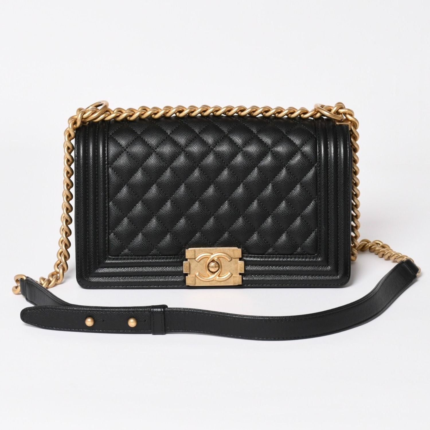 Chanel Boy 25 Medium Chain Shoulder Bag CC Logo Caviar Leather Black
