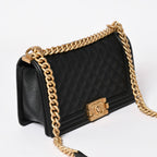 Chanel Boy 25 Medium Chain Shoulder Bag CC Logo Caviar Leather Black — view 3