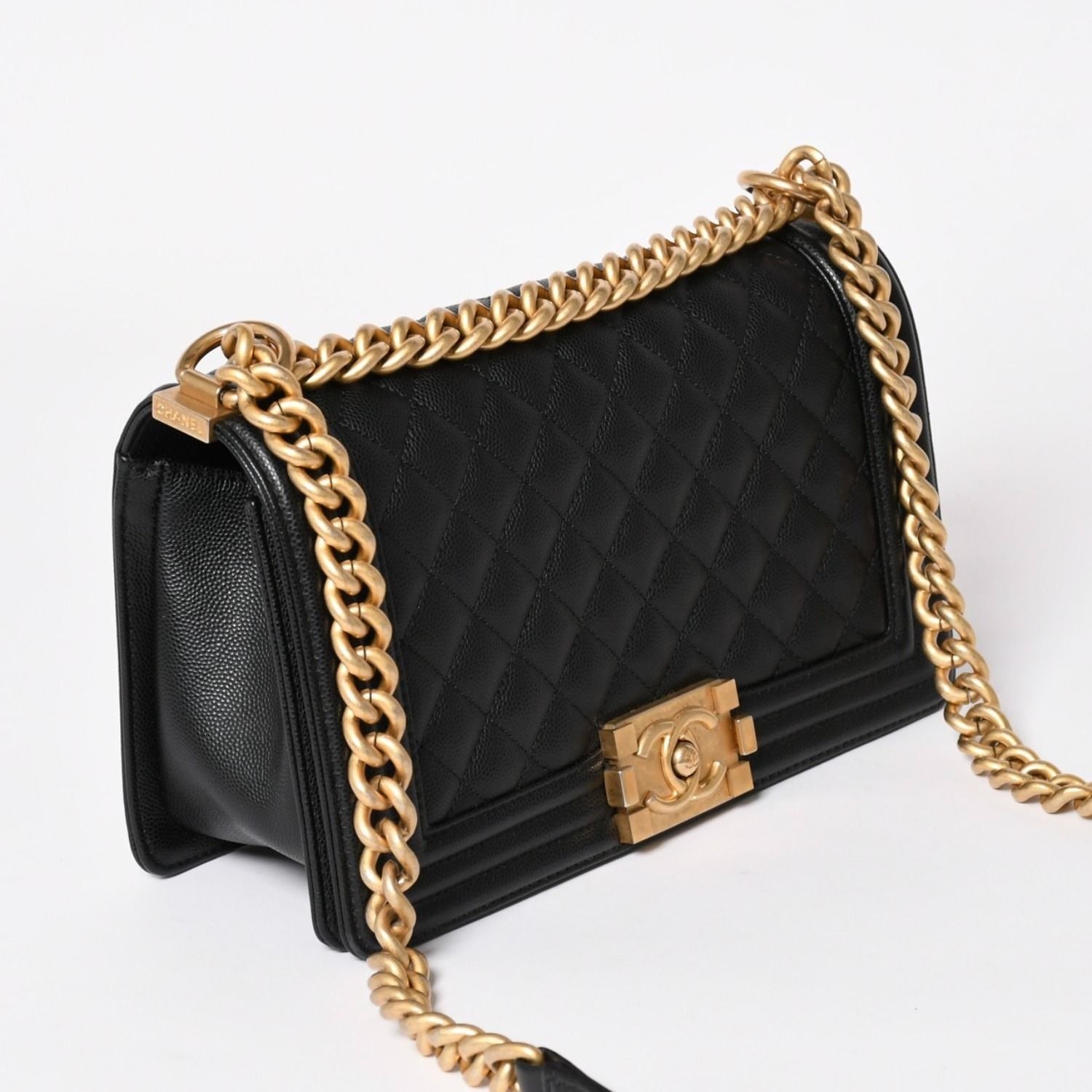 Chanel Boy 25 Medium Chain Shoulder Bag CC Logo Caviar Leather Black — view 3