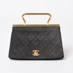 Chanel Top Handle Handbag CC Logo Suede Turnlock Dark Gray Gold