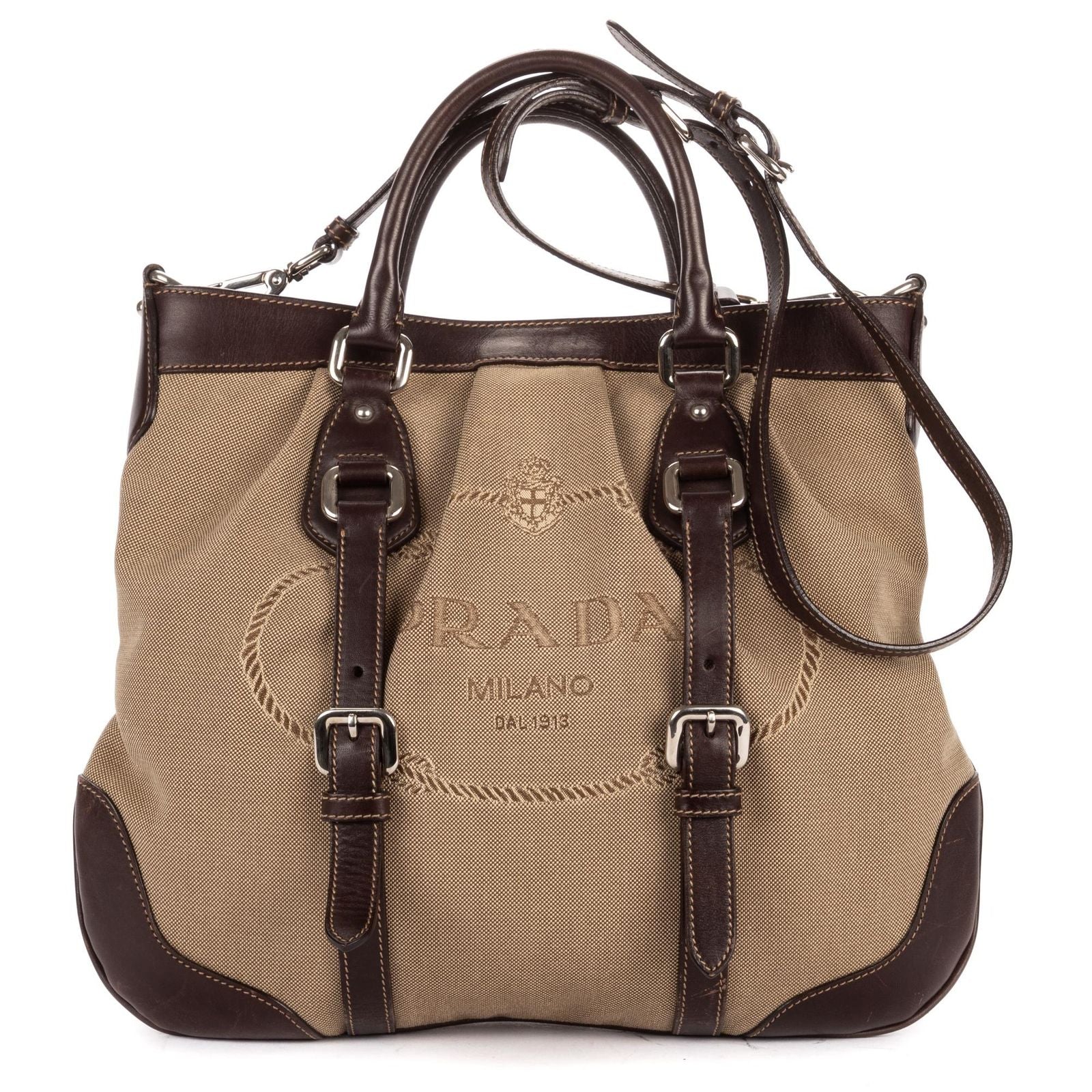 Prada Jacquard Two Straps Tote Brown Khaki Canvas