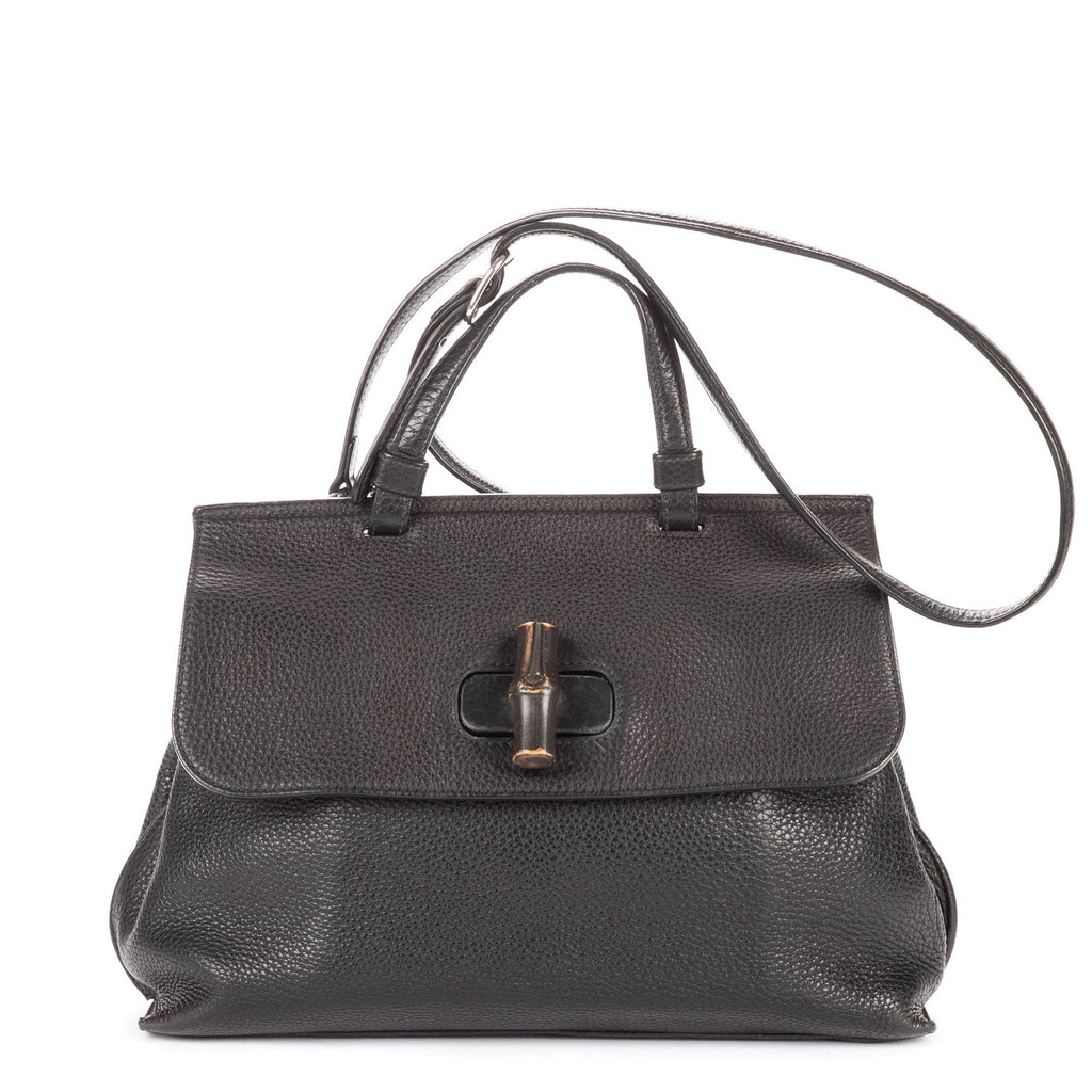 Gucci Midi Amfloral Bamboo Top Handle Black Gray Calfskin Leather