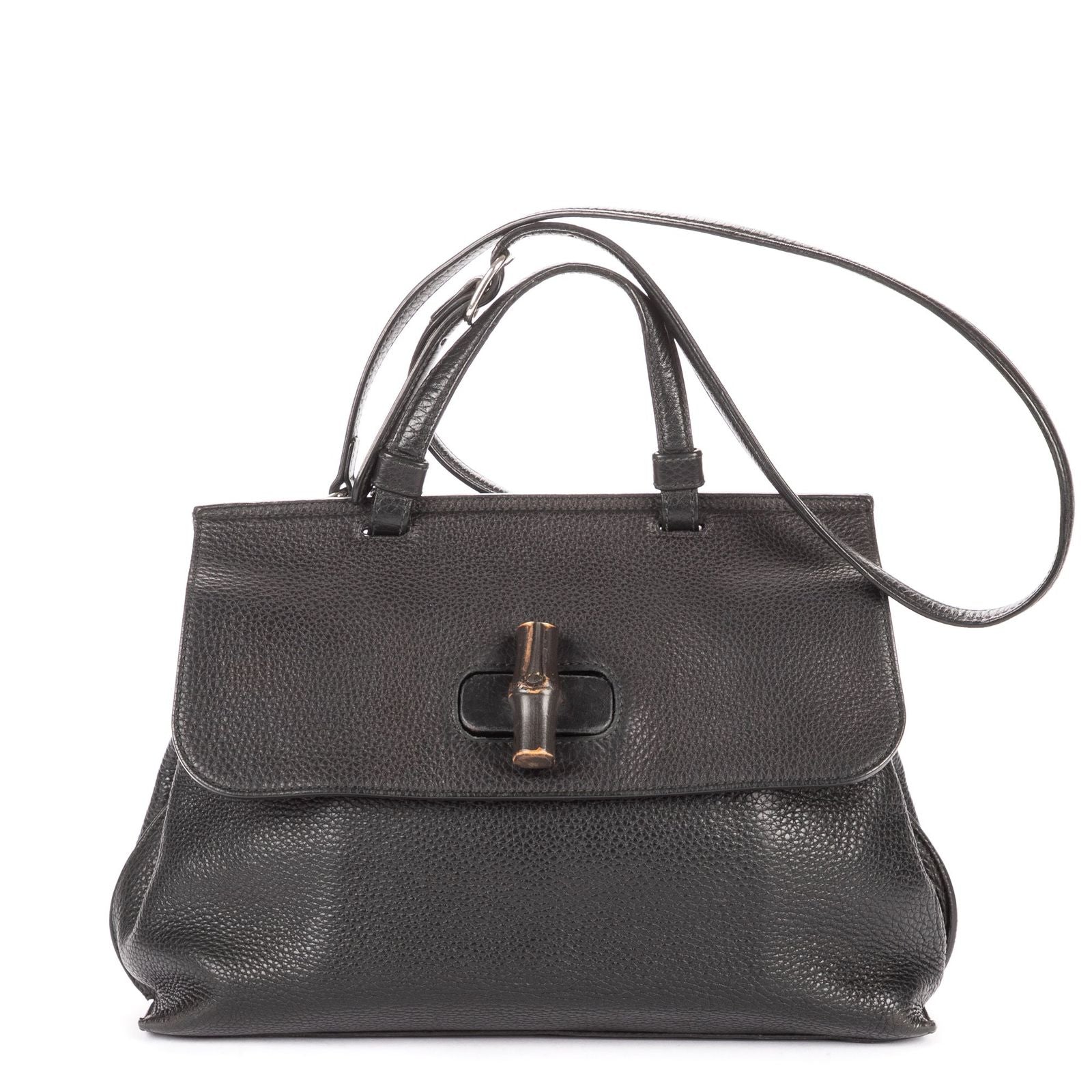 Gucci Midi Amfloral Bamboo Top Handle Black Gray Calfskin Leather